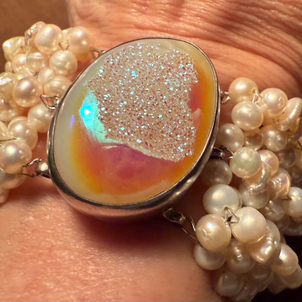 Woven freshwater pearl 925 sterling bracelet with huge druzy cabochon clasp. 7”